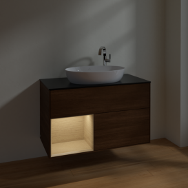 Тумба под раковину Villeroy & Boch Finion 100х50,1 см с подсветкой МДФ шпон грецкого ореха/стекло черное матовое F892PCGN