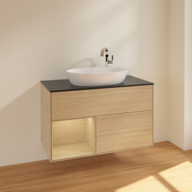 Тумба под раковину Villeroy & Boch Finion 100х50,1 см с подсветкой МДФ шпон дуба/стекло черное матовое F892PCPC
