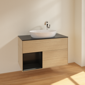 Тумба под раковину Villeroy & Boch Finion 100х50,1 см с подсветкой МДФ шпон дуба/стекло черное матовое F892PDPC
