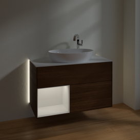 Тумба под раковину Villeroy & Boch Finion 100х50,1 см с подсветкой МДФ шпон грецкого ореха/стекло белое матовое G891GFGN