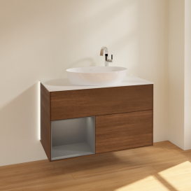 Тумба под раковину Villeroy & Boch Finion 100х50,1 см с подсветкой МДФ шпон грецкого ореха/стекло белое матовое G891GKGN