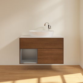 Тумба под раковину Villeroy & Boch Finion 100х50,1 см с подсветкой МДФ шпон грецкого ореха/стекло белое матовое G891GKGN