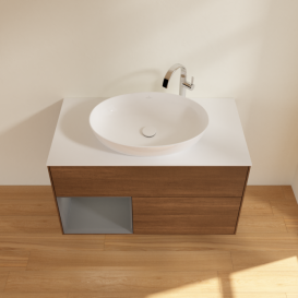 Тумба под раковину Villeroy & Boch Finion 100х50,1 см с подсветкой МДФ шпон грецкого ореха/стекло белое матовое G891GKGN