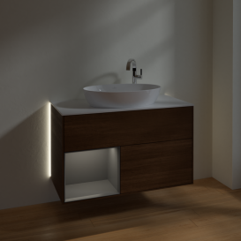 Тумба под раковину Villeroy & Boch Finion 100х50,1 см с подсветкой МДФ шпон грецкого ореха/стекло белое матовое G891GKGN