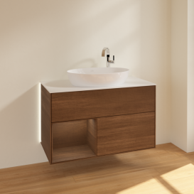 Тумба под раковину Villeroy & Boch Finion 100х50,1 см с подсветкой МДФ шпон грецкого ореха/стекло белое матовое G891GNGN