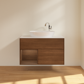 Тумба под раковину Villeroy & Boch Finion 100х50,1 см с подсветкой МДФ шпон грецкого ореха/стекло белое матовое G891GNGN