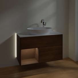 Тумба под раковину Villeroy & Boch Finion 100х50,1 см с подсветкой МДФ шпон грецкого ореха/стекло белое матовое G891GNGN