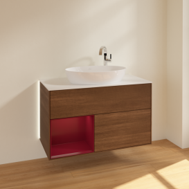 Тумба под раковину Villeroy & Boch Finion 100х50,1 см с подсветкой МДФ шпон грецкого ореха/стекло белое матовое G891HBGN