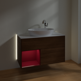 Тумба под раковину Villeroy & Boch Finion 100х50,1 см с подсветкой МДФ шпон грецкого ореха/стекло белое матовое G891HBGN