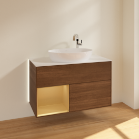 Тумба под раковину Villeroy & Boch Finion 100х50,1 см с подсветкой МДФ шпон грецкого ореха/стекло белое матовое G891HFGN