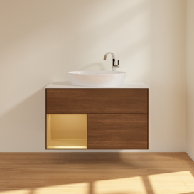 Тумба под раковину Villeroy & Boch Finion 100х50,1 см с подсветкой МДФ шпон грецкого ореха/стекло белое матовое G891HFGN