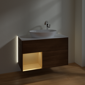 Тумба под раковину Villeroy & Boch Finion 100х50,1 см с подсветкой МДФ шпон грецкого ореха/стекло белое матовое G891HFGN