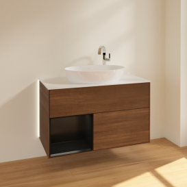 Тумба под раковину Villeroy & Boch Finion 100х50,1 см с подсветкой МДФ шпон грецкого ореха/стекло белое матовое G891PDGN