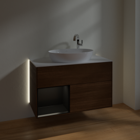 Тумба под раковину Villeroy & Boch Finion 100х50,1 см с подсветкой МДФ шпон грецкого ореха/стекло белое матовое G891PDGN