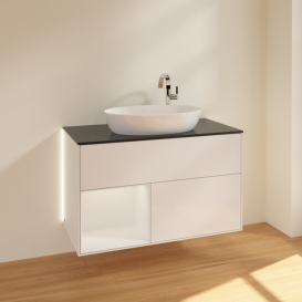 Тумба под раковину Villeroy & Boch Finion 100х50,1 см с подсветкой МДФ глянцевый белый лак/стекло черное матовое G892GFGF