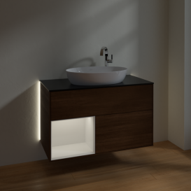 Тумба под раковину Villeroy & Boch Finion 100х50,1 см с подсветкой МДФ шпон грецкого ореха/стекло черное матовое G892GFGN