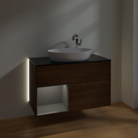 Тумба под раковину Villeroy & Boch Finion 100х50,1 см с подсветкой МДФ шпон грецкого ореха/стекло черное матовое G892GKGN