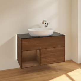 Тумба под раковину Villeroy & Boch Finion 100х50,1 см с подсветкой МДФ шпон грецкого ореха/стекло черное матовое G892GNGN