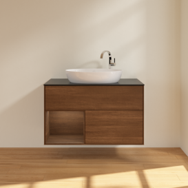 Тумба под раковину Villeroy & Boch Finion 100х50,1 см с подсветкой МДФ шпон грецкого ореха/стекло черное матовое G892GNGN