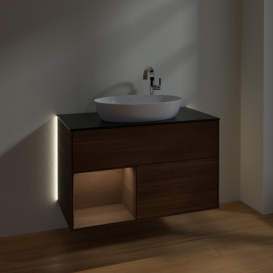 Тумба под раковину Villeroy & Boch Finion 100х50,1 см с подсветкой МДФ шпон грецкого ореха/стекло черное матовое G892GNGN