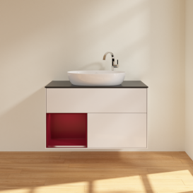 Тумба под раковину Villeroy & Boch Finion 100х50,1 см с подсветкой МДФ глянцевый белый лак/стекло черное матовое G892HBGF