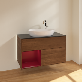 Тумба под раковину Villeroy & Boch Finion 100х50,1 см с подсветкой МДФ шпон грецкого ореха/стекло черное матовое G892HBGN