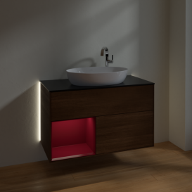 Тумба под раковину Villeroy & Boch Finion 100х50,1 см с подсветкой МДФ шпон грецкого ореха/стекло черное матовое G892HBGN