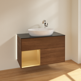 Тумба под раковину Villeroy & Boch Finion 100х50,1 см с подсветкой МДФ шпон грецкого ореха/стекло черное матовое G892HFGN