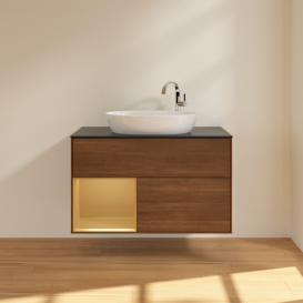 Тумба под раковину Villeroy & Boch Finion 100х50,1 см с подсветкой МДФ шпон грецкого ореха/стекло черное матовое G892HFGN