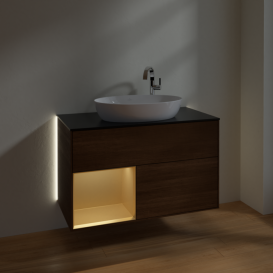 Тумба под раковину Villeroy & Boch Finion 100х50,1 см с подсветкой МДФ шпон грецкого ореха/стекло черное матовое G892HFGN