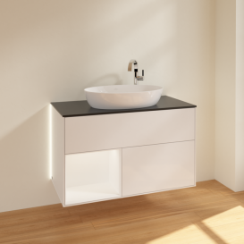 Тумба под раковину Villeroy & Boch Finion 100х50,1 см с подсветкой МДФ глянцевый белый лак/стекло черное матовое G892MTGF