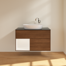 Тумба под раковину Villeroy & Boch Finion 100х50,1 см с подсветкой МДФ шпон грецкого ореха/стекло черное матовое G892MTGN