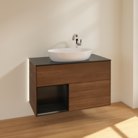 Тумба под раковину Villeroy & Boch Finion 100х50,1 см с подсветкой МДФ шпон грецкого ореха/стекло черное матовое G892PDGN