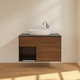 Тумба под раковину Villeroy & Boch Finion 100х50,1 см с подсветкой МДФ шпон грецкого ореха/стекло черное матовое G892PDGN