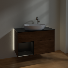 Тумба под раковину Villeroy & Boch Finion 100х50,1 см с подсветкой МДФ шпон грецкого ореха/стекло черное матовое G892PDGN