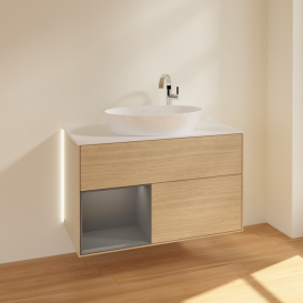 Тумба под раковину Villeroy & Boch Finion 100х50,1 см с подсветкой МДФ шпон дуба/стекло белое матовое G891GKPC