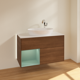 Тумба под раковину Villeroy & Boch Finion 100х50,1 см с подсветкой МДФ шпон грецкого ореха/стекло белое матовое G891GMGN