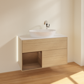 Тумба под раковину Villeroy & Boch Finion 100х50,1 см с подсветкой МДФ шпон дуба/стекло белое матовое G891GNPC