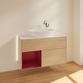 Тумба под раковину Villeroy & Boch Finion 100х50,1 см с подсветкой МДФ шпон дуба/стекло белое матовое G891HBPC