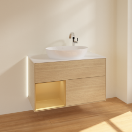 Тумба под раковину Villeroy & Boch Finion 100х50,1 см с подсветкой МДФ шпон дуба/стекло белое матовое G891HFPC