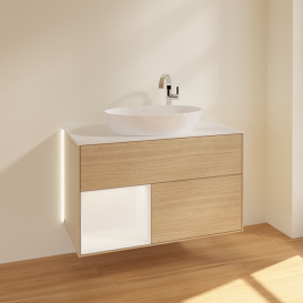 Тумба под раковину Villeroy & Boch Finion 100х50,1 см с подсветкой МДФ шпон дуба/стекло белое матовое G891MTPC