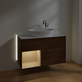 Тумба под раковину Villeroy & Boch Finion 100х50,1 см с подсветкой МДФ шпон грецкого ореха/стекло белое матовое G891PCGN