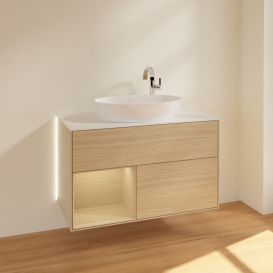 Тумба под раковину Villeroy & Boch Finion 100х50,1 см с подсветкой МДФ шпон дуба/стекло белое матовое G891PCPC