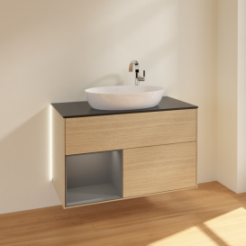 Тумба под раковину Villeroy & Boch Finion 100х50,1 см с подсветкой МДФ шпон дуба/стекло черное матовое G892GKPC