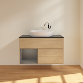 Тумба под раковину Villeroy & Boch Finion 100х50,1 см с подсветкой МДФ шпон дуба/стекло черное матовое G892GKPC