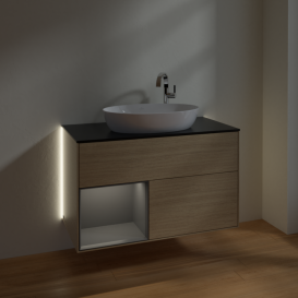 Тумба под раковину Villeroy & Boch Finion 100х50,1 см с подсветкой МДФ шпон дуба/стекло черное матовое G892GKPC