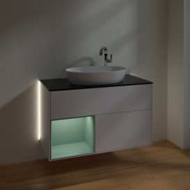 Тумба под раковину Villeroy & Boch Finion 100х50,1 см с подсветкой МДФ глянцевый белый лак/стекло черное матовое G892GMGF