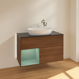 Тумба под раковину Villeroy & Boch Finion 100х50,1 см с подсветкой МДФ шпон грецкого ореха/стекло черное матовое G892GMGN