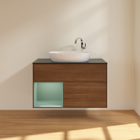 Тумба под раковину Villeroy & Boch Finion 100х50,1 см с подсветкой МДФ шпон грецкого ореха/стекло черное матовое G892GMGN