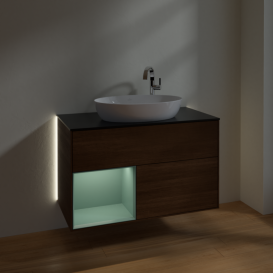 Тумба под раковину Villeroy & Boch Finion 100х50,1 см с подсветкой МДФ шпон грецкого ореха/стекло черное матовое G892GMGN